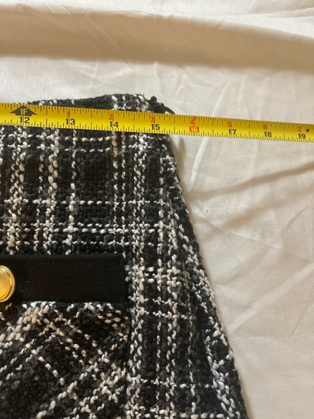 Forever 21 Black White Tweed Mini Skirt Plaid Gold Button Pocket Lined Size L - Picture 6 of 9
